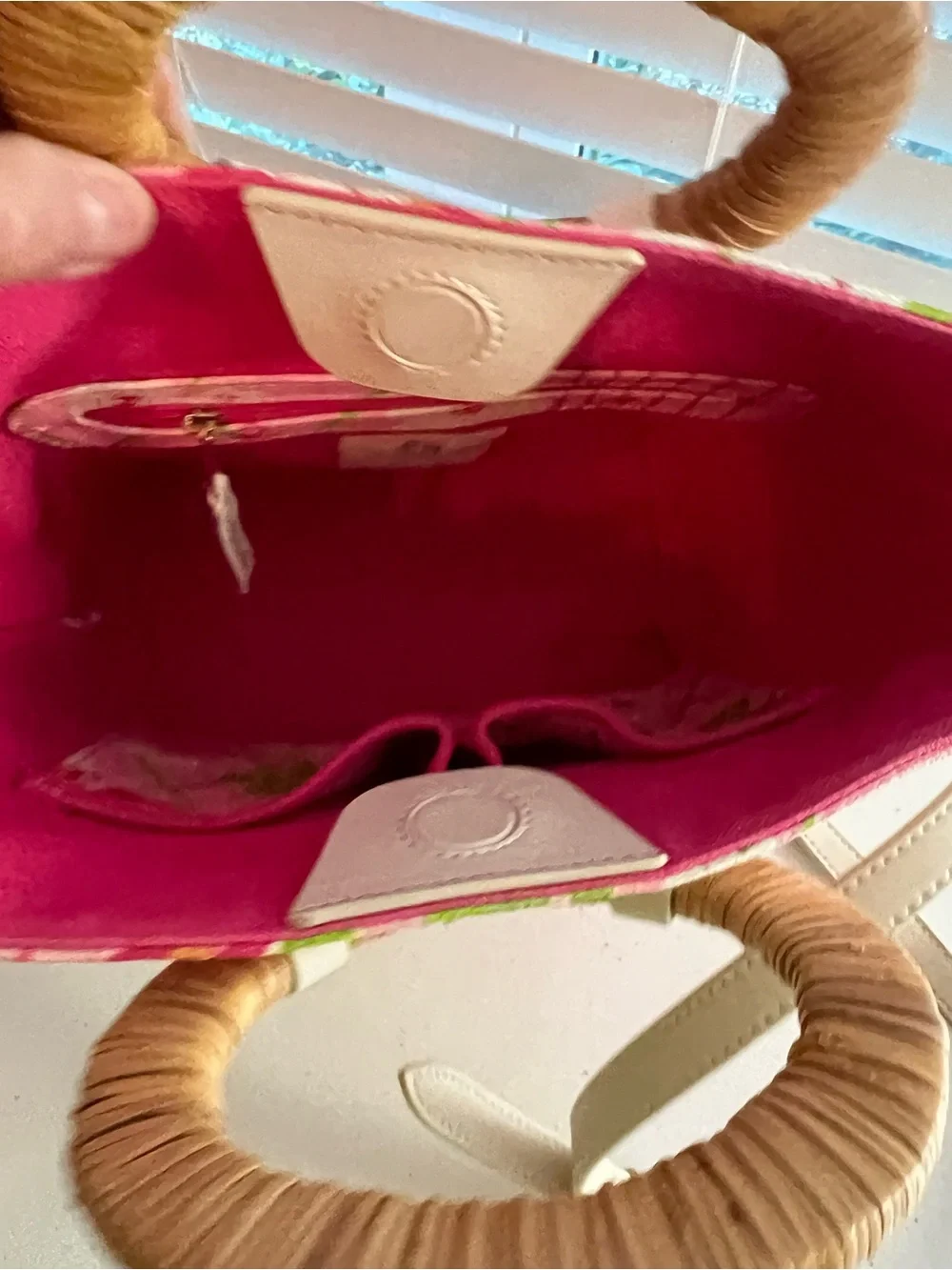Pink Floral Canvas Tote with Rattan Ring Handles by Spartina 449 New